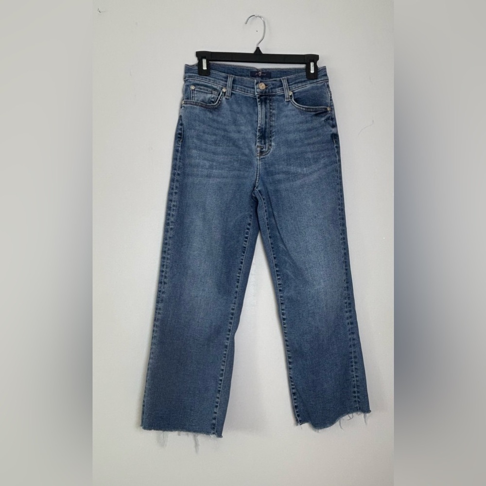 7 for all mankind high rise straight leg jeans size 27 raw hem blue
